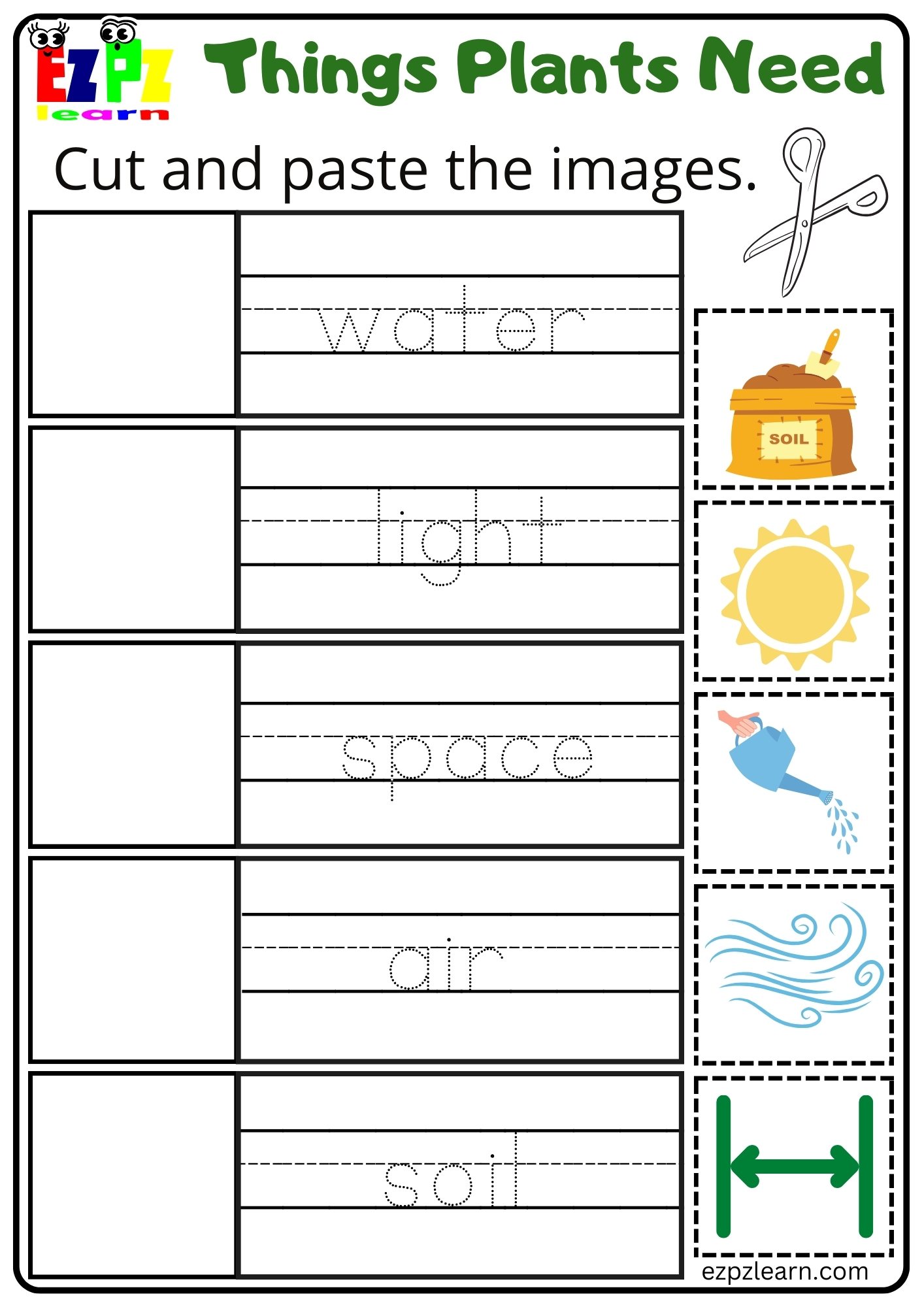 Things Plants Need Vocabulary Worksheet Cut and Paste Activity for Kindergarten K5 and ESL Students Free Printable PDF Download 